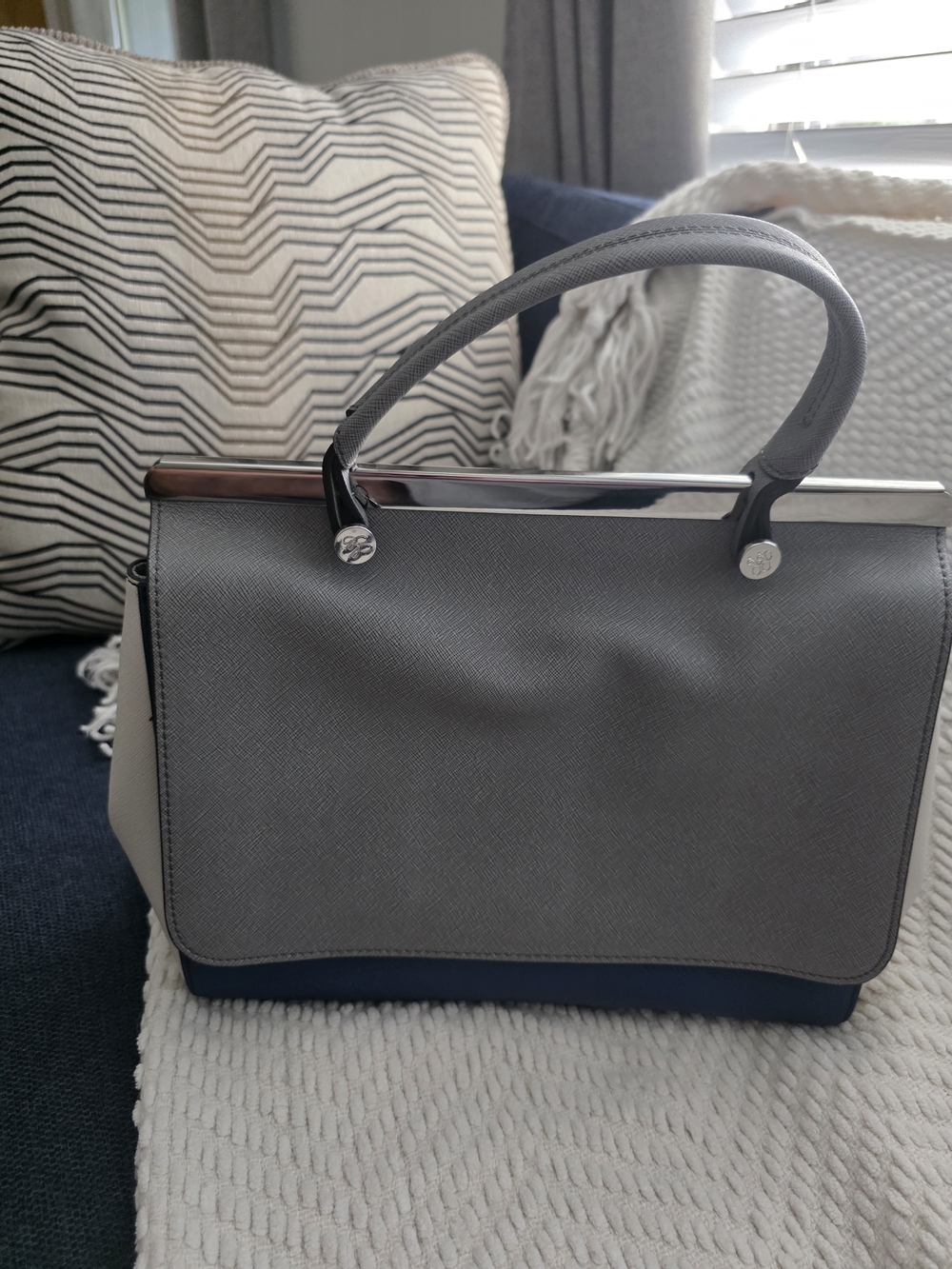 Brooks Brothers Gray, Navy and Cream Top-Handle Satchel